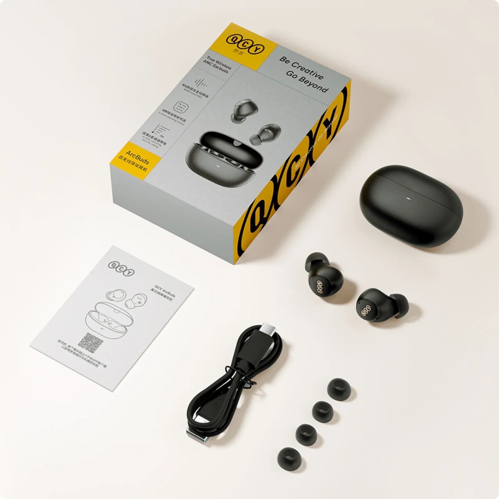 QCY ArcBuds prawdziwie bezprzewodowe słuchawki douszne z etui ładującym, kablem USB-C i wkładkami dousznymi – nowoczesny design, czarne, w zestawie.