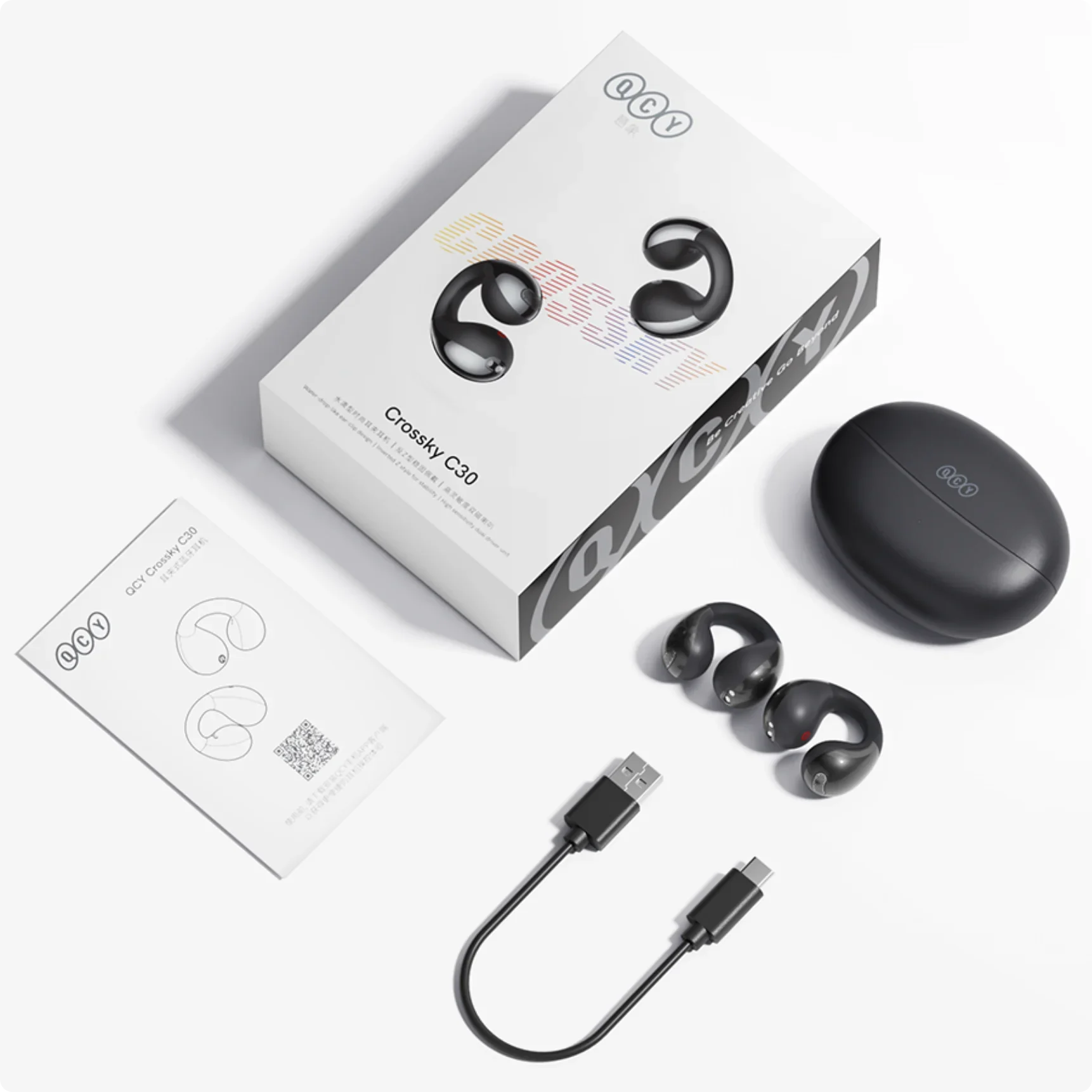 Słuchawki przewodnictwa kostnego QCY Crossky C30 z etui ładującym, kablem USB i instrukcją – czarne, otwarty design do sportu i codziennego użytku