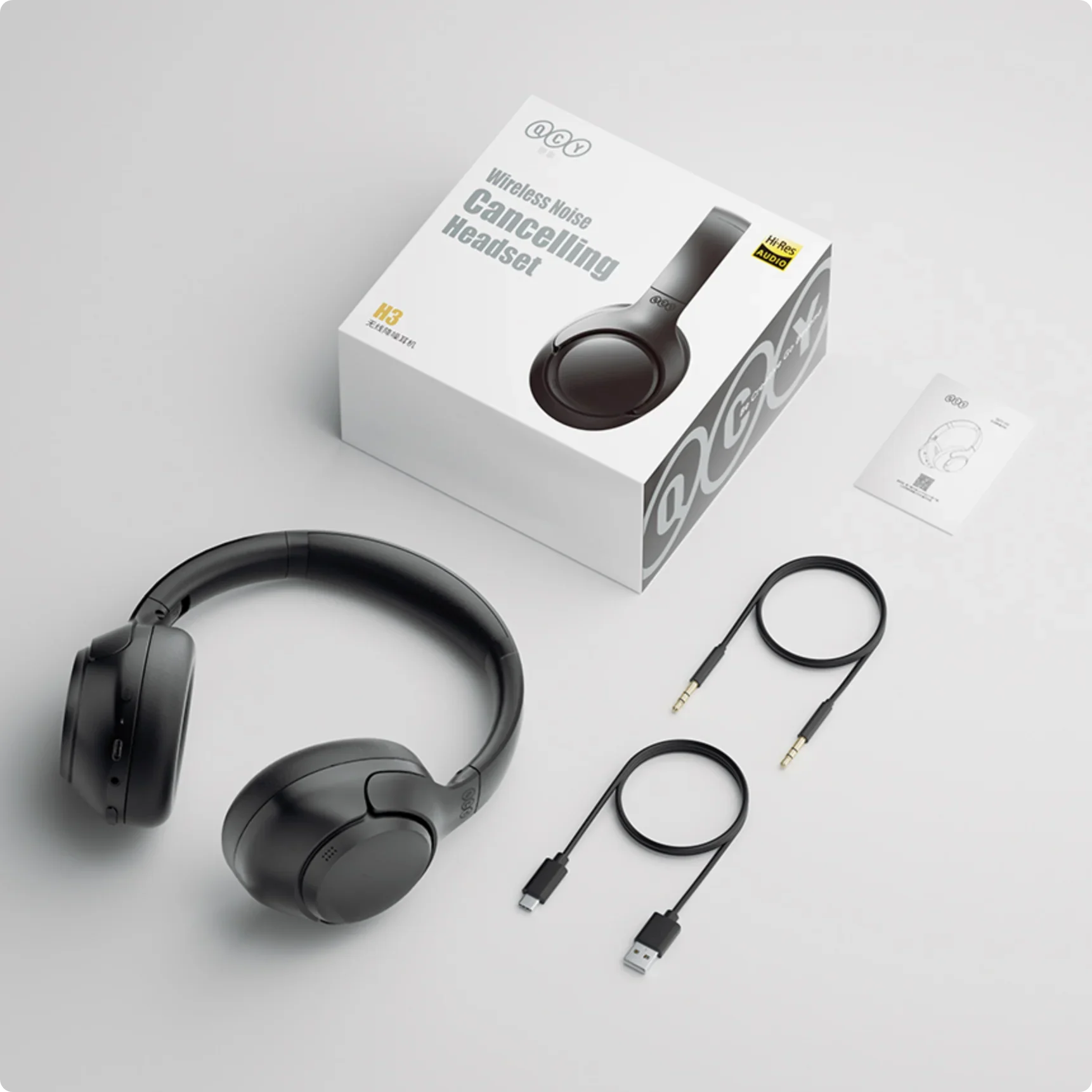 QCY H3 Bezprzewodowe słuchawki z redukcją szumów, Hi-Res Audio, USB-C i kablem AUX.