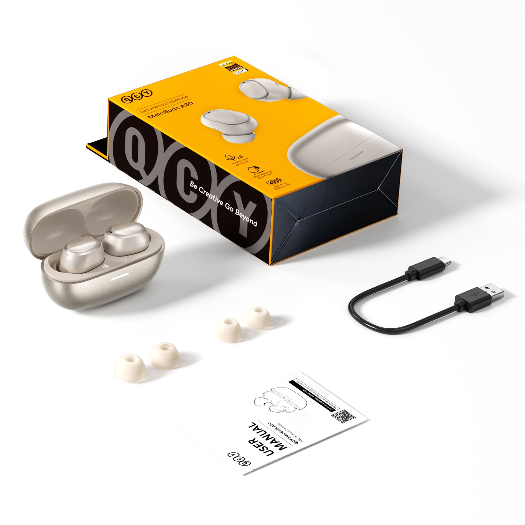 QCY Melobuds A30 prawdziwie bezprzewodowe słuchawki douszne z etui ładującym, kablem USB-C i zapasowymi końcówkami do uszu.