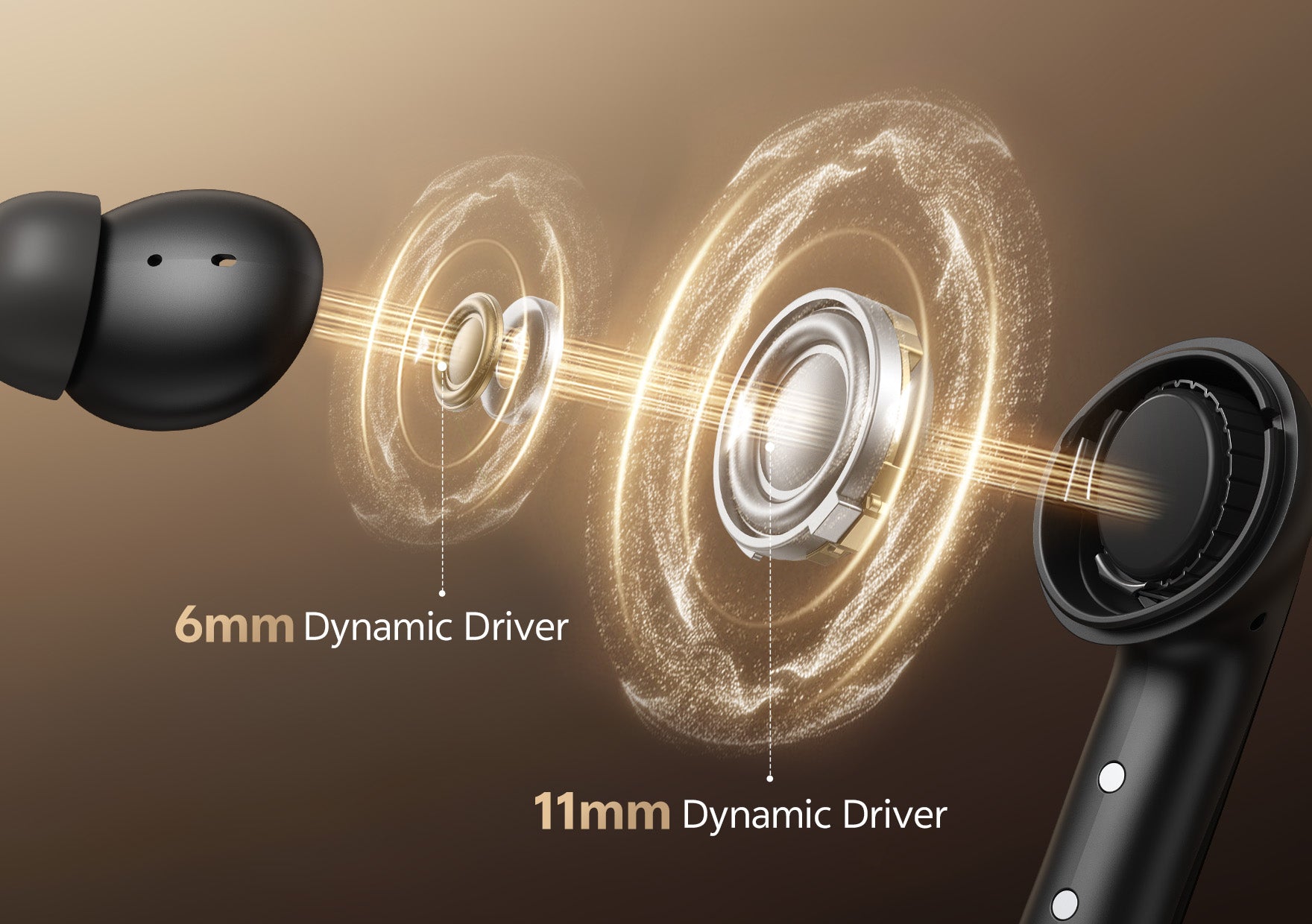 Słuchawki douszne z dynamicznymi przetwornikami 6 mm i 11 mm dla dźwięku w jakości HiFi.