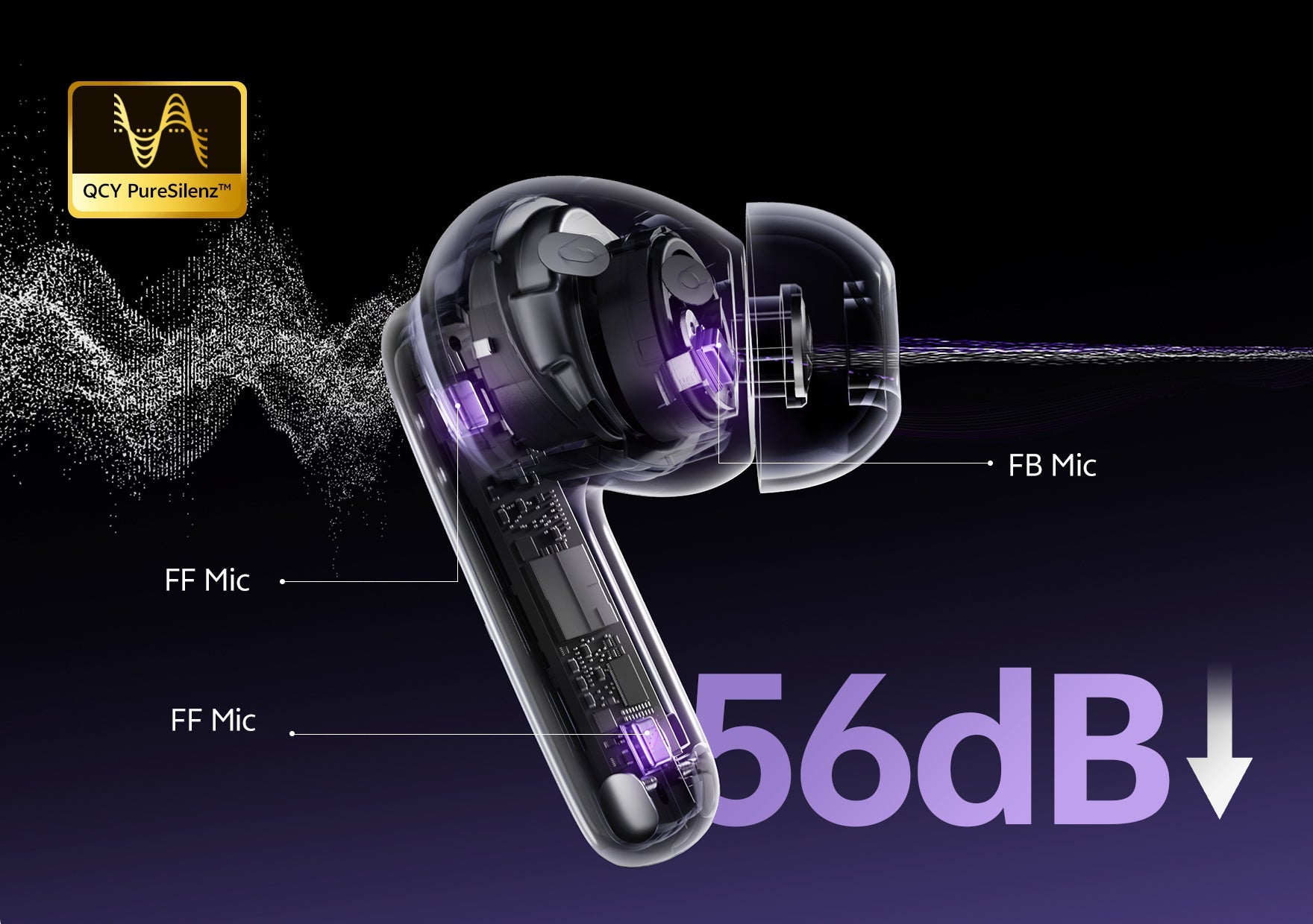 Słuchawki bezprzewodowe QCY True z technologią PureSilenz™ i redukcją hałasu 56 dB. Przezroczysty design ukazuje wewnętrzne elementy Mi