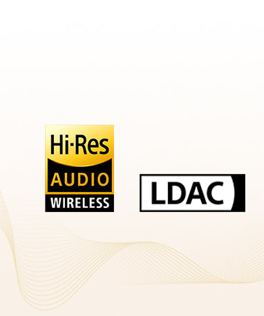Logo Hi-Res Audio Wireless i LDAC dla wysokiej jakości bezprzewodowej transmisji dźwięku.