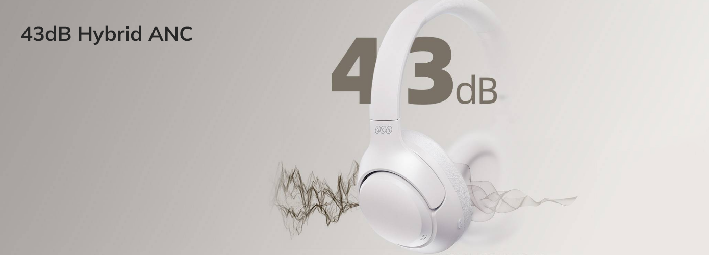 Białe słuchawki nauszne z hybrydową redukcją szumów 43dB – wizualizacja tłumienia hałasu za pomocą fal dźwiękowych.