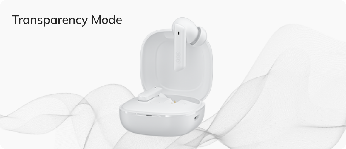 Białe bezprzewodowe słuchawki True Wireless w etui ładującym z trybem przezroczystości.