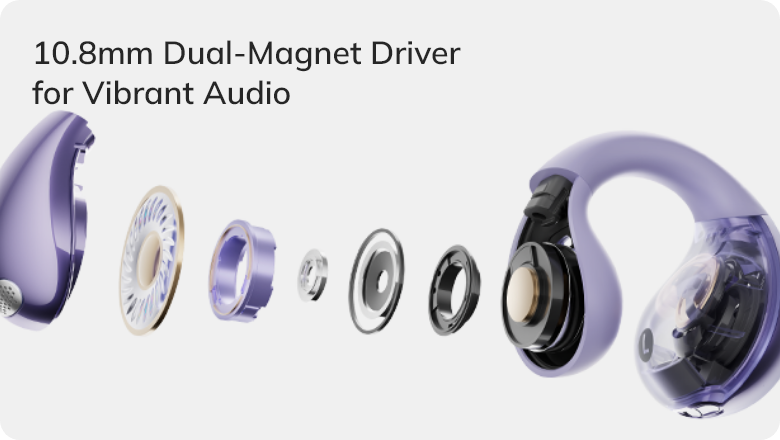 Rysunek eksplodujący 10,8-mm podwójnego magnesu przetwornika dla żywego dźwięku audio w fioletowych słuchawkach dousznych.