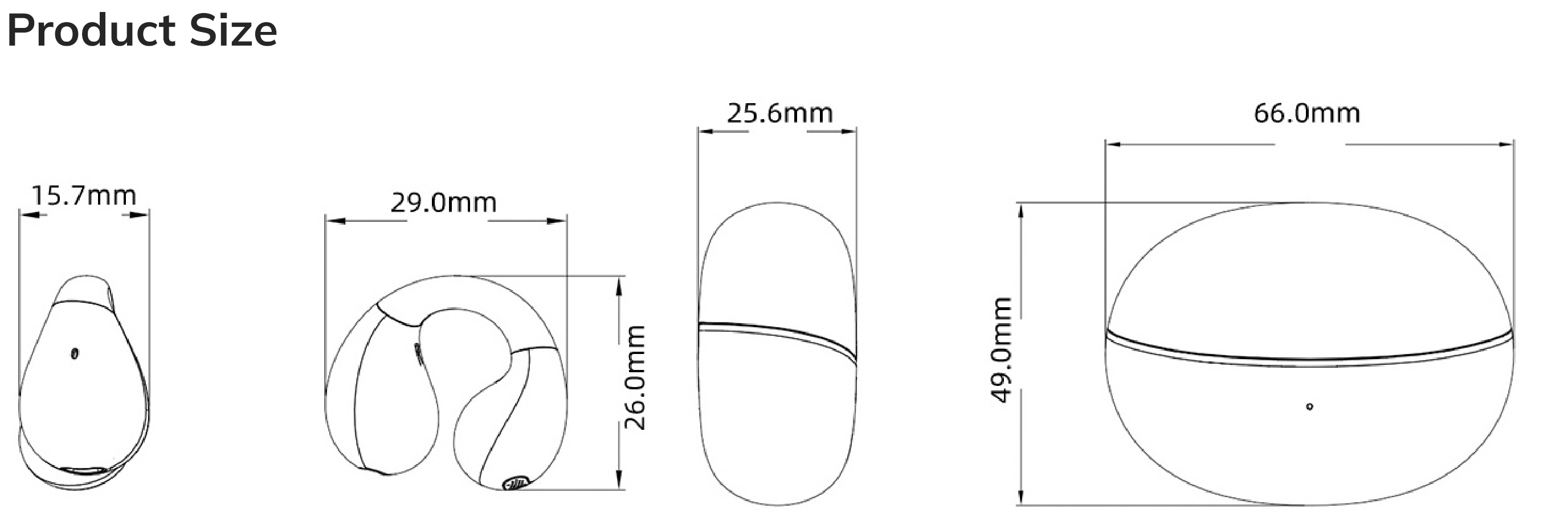 Wymiary produktu: słuchawki douszne 15,7 x 29,0 mm, etui ładujące 25,6 x 49,0 mm, całkowita średnica 66,0 mm
