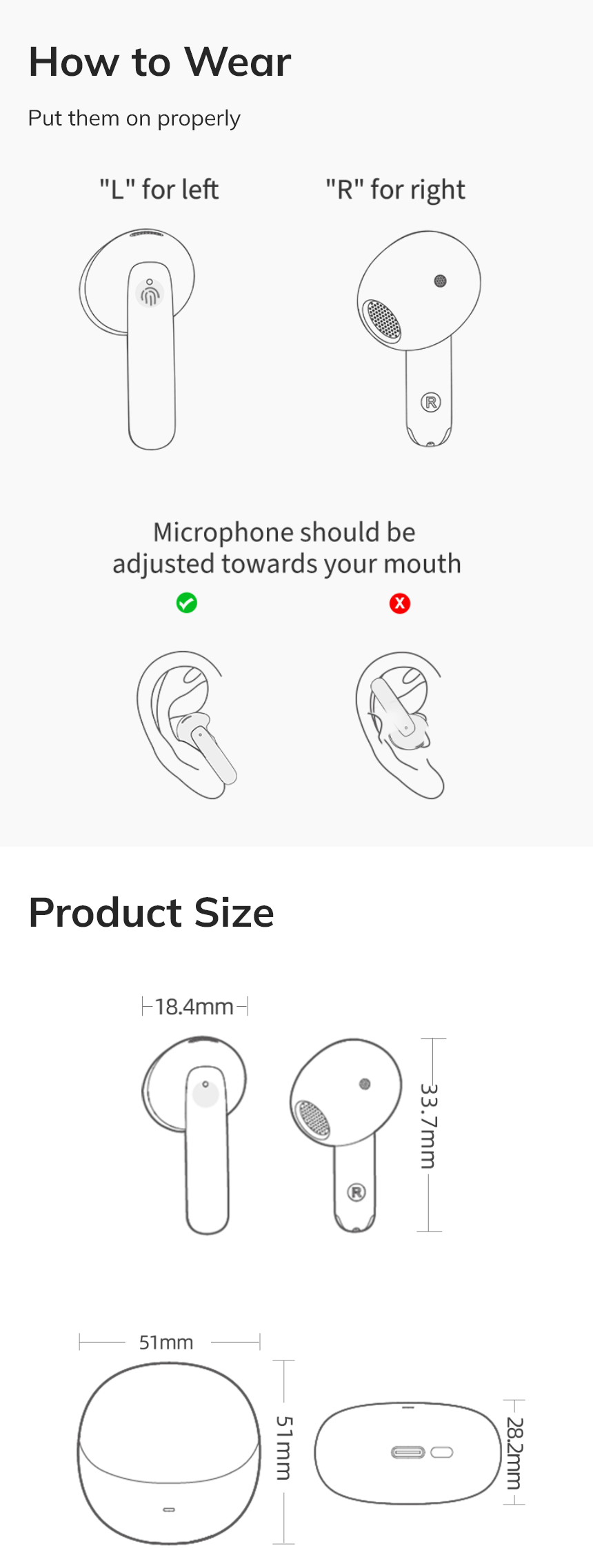 Jak prawidłowo nosić słuchawki Bluetooth – instrukcja z wymiarami słuchawek i etui ładującego.