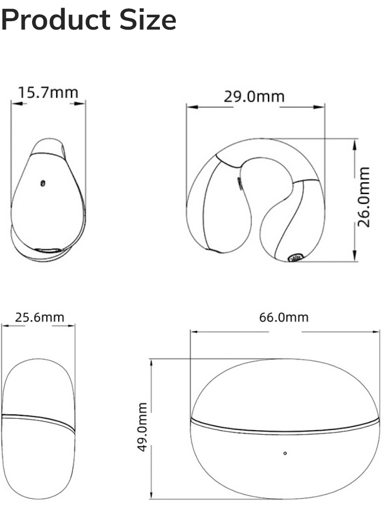 Wymiary produktu: 66x49mm, 29x26mm, 15,7x25,6mm – rysunek techniczny