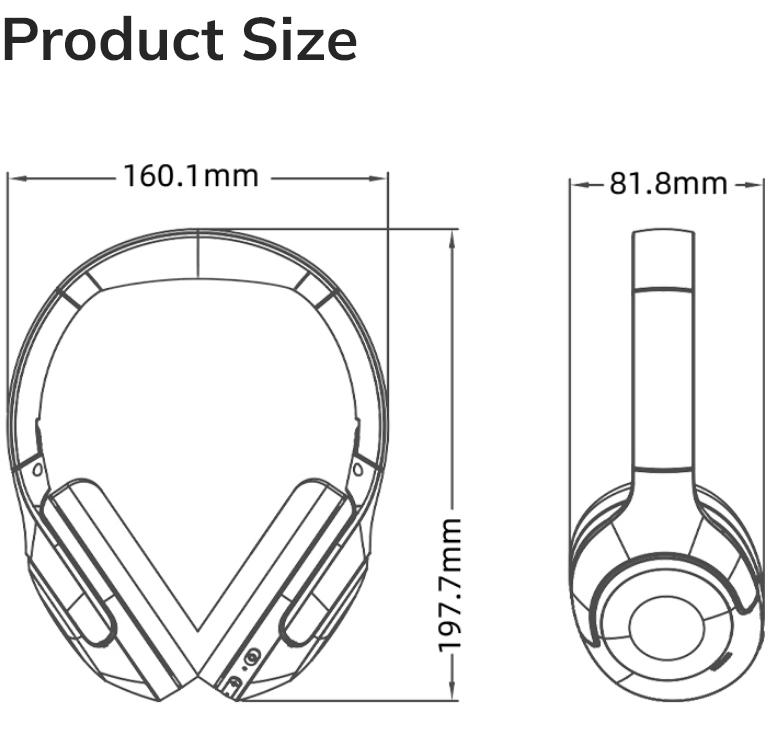 Rysunek techniczny rozmiaru produktu: słuchawki nauszne o szerokości 160,1 mm, wysokości 197,7 mm i średnicy muszli usznej 81,8 mm