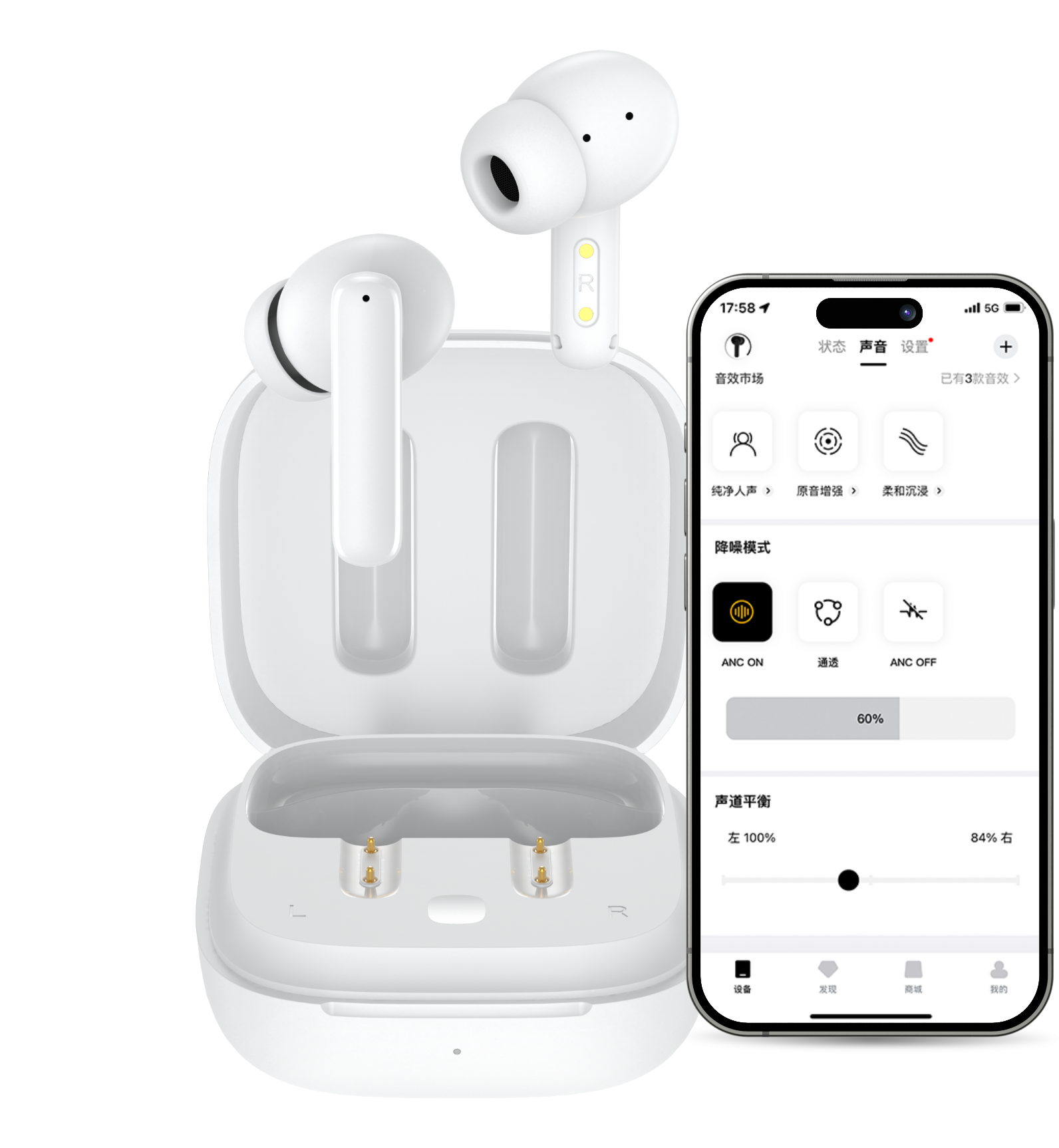 Białe słuchawki True Wireless z etui ładującym i aplikacją na smartfon do ustawień.