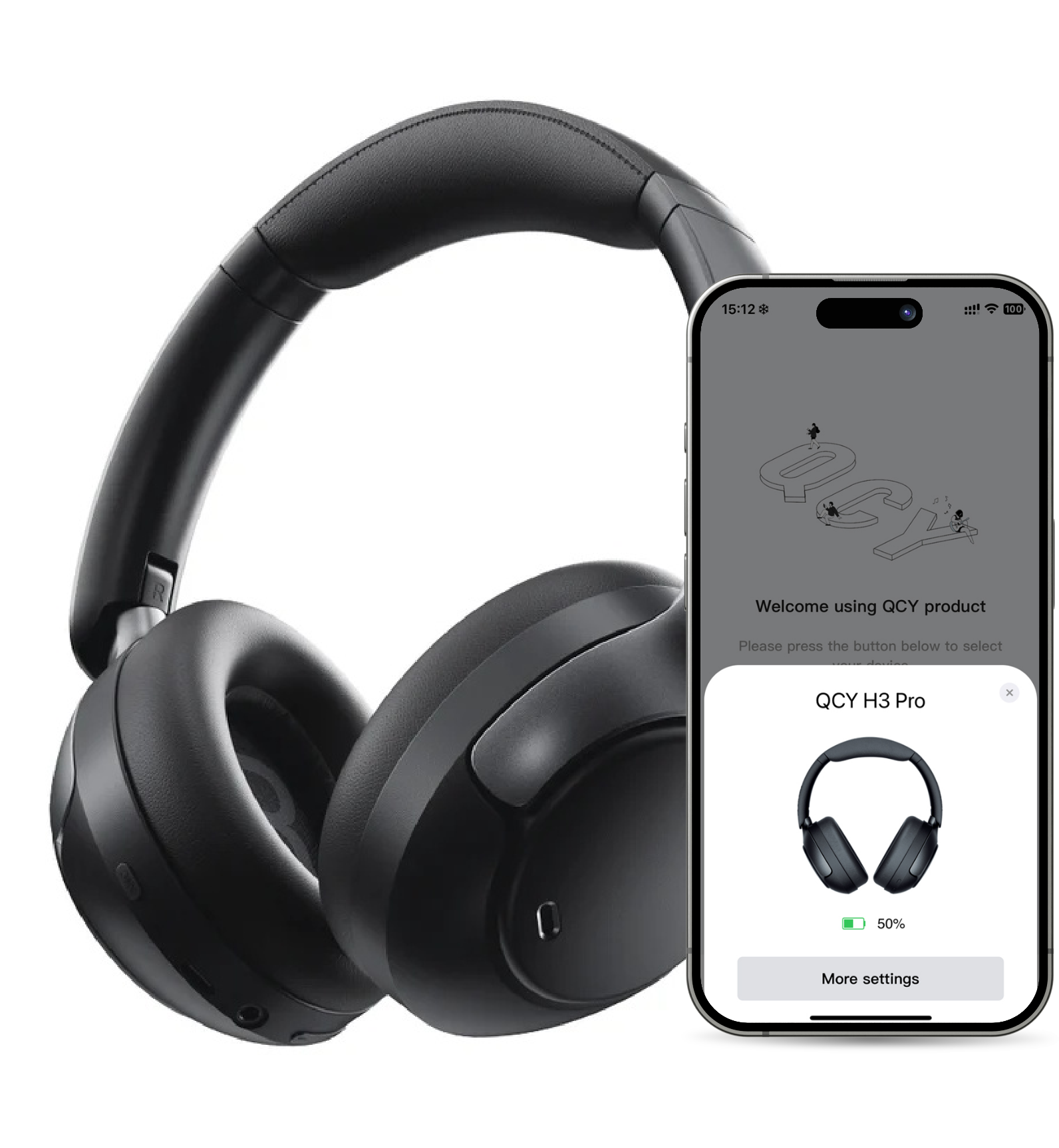 Słuchawki QCY H3 Pro czarne z aplikacją na smartfon do sterowania.