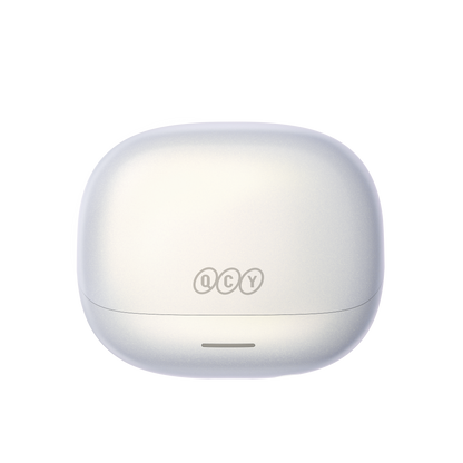 QCY MeloBuds N65 – eleganckie, białe słuchawki Bluetooth z etui ładującym i nowoczesnym designem.