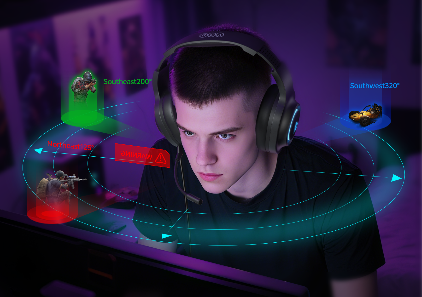 Gracz z zestawem słuchawkowym OCA Gaming, wizualizacja dźwięku 360° do Battle Royale.
