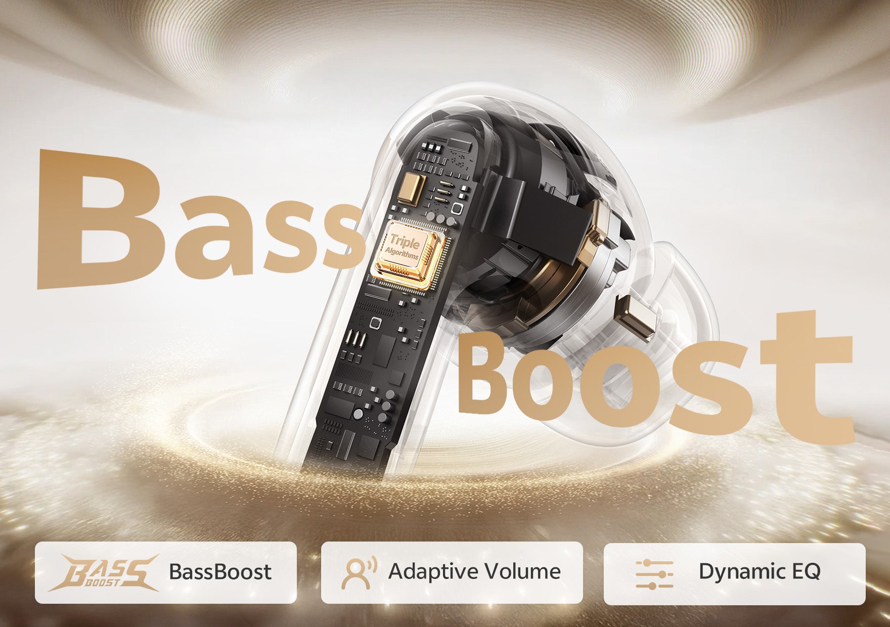 Słuchawki Bluetooth z wzmocnieniem basów, potrójnymi algorytmami, adaptacyjną głośnością i dynamicznym korektorem.