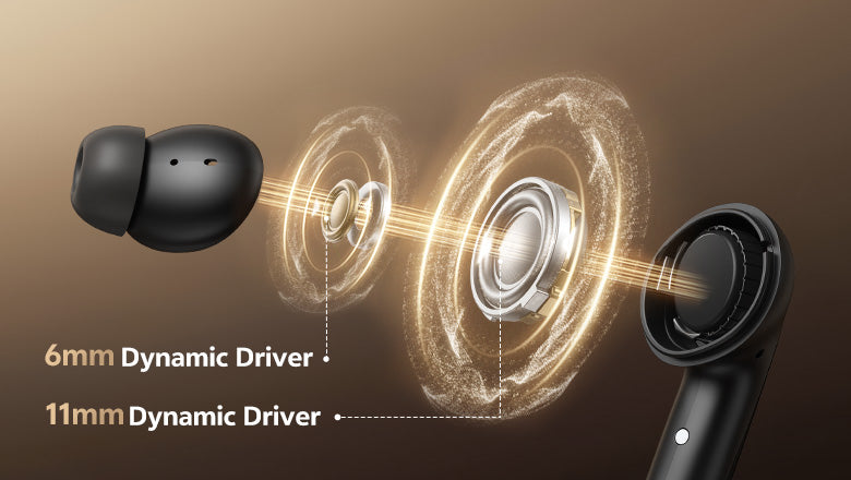Słuchawki douszne z dynamicznymi przetwornikami 6 mm i 11 mm dla krystalicznie czystego dźwięku.