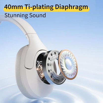 White QCY H3 Lite headphones with 40mm titanium-plated diaphragm, showcasing stunning sound quality on blue background.