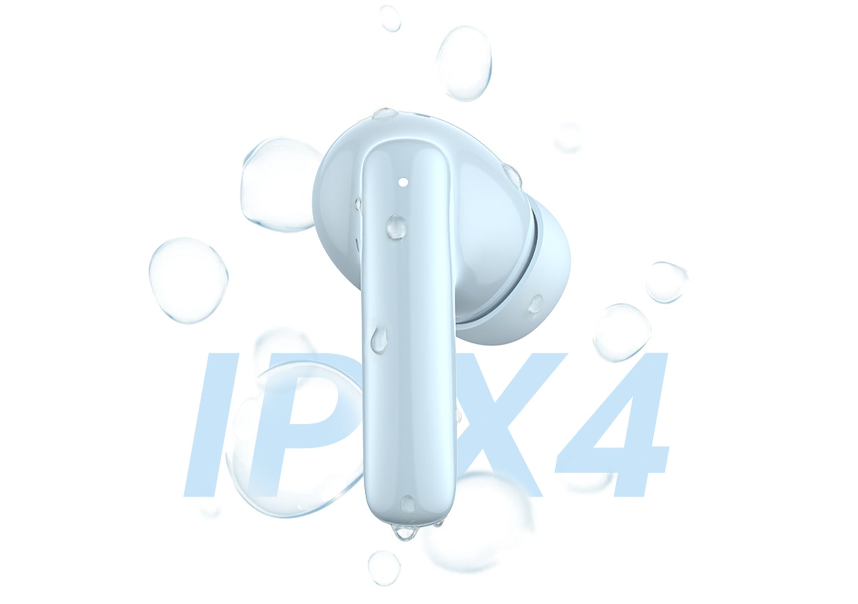 Wodoodporne słuchawki Bluetooth z ochroną IPX4, otoczone kroplami wody na białym tle.