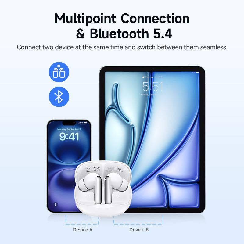Black QCY Melobuds N50 earbuds showcasing multipoint connection and Bluetooth 5.4 for connecting two devices at once