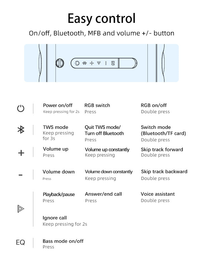 Instrukcja obsługi bezprzewodowych słuchawek: łatwa kontrola za pomocą przycisków zasilania, Bluetooth, MFB i regulacji głośności.