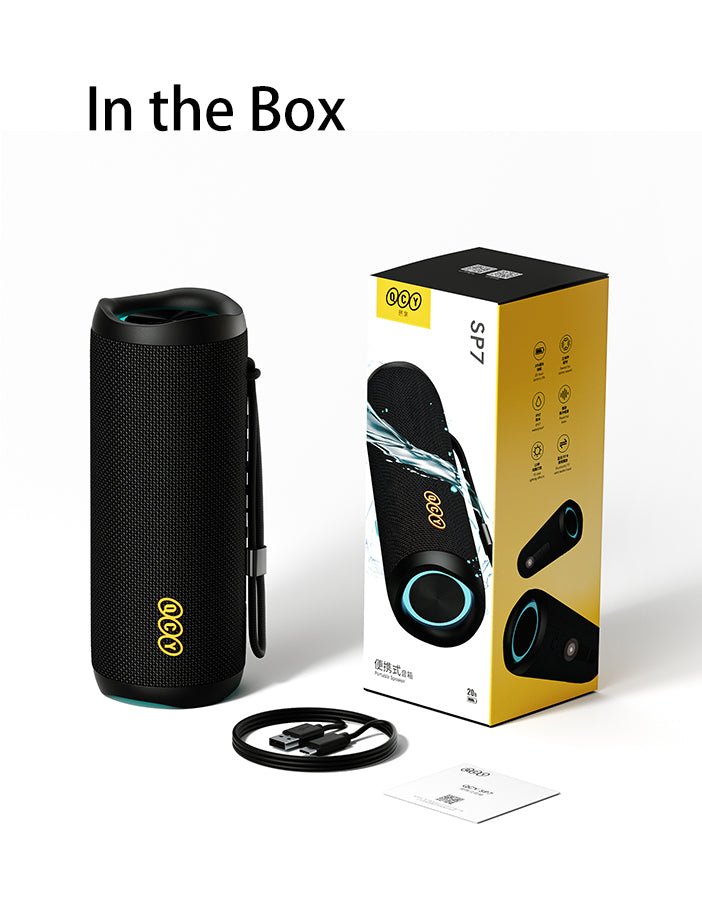 OCCO SP7 przenośny głośnik Bluetooth z kablem USB i opakowaniem.