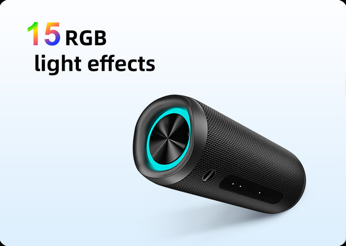 Czarny przenośny głośnik Bluetooth z 15 efektami świetlnymi RGB i turkusowym pierścieniem.