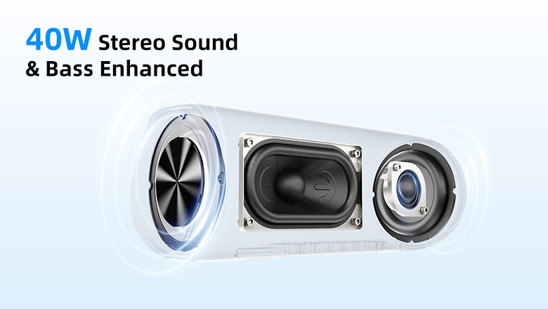 Głośniki stereo 40W z wzmocnionym basem – biały design