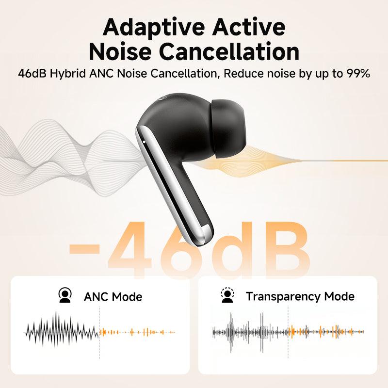 White QCY MeloBuds Pro with 46dB hybrid ANC, showing sound wave comparison between ANC and transparency modes