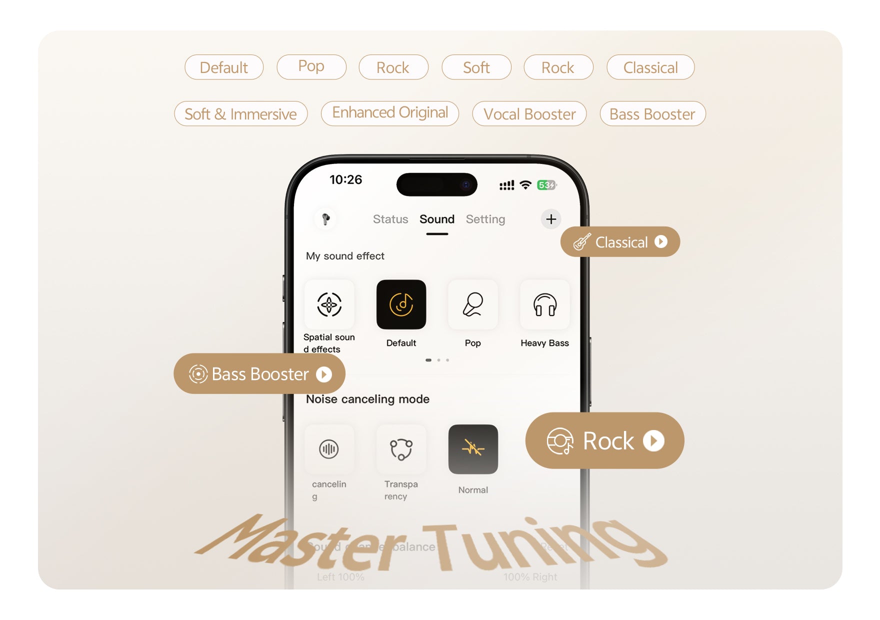 Smartfon z ustawieniami dźwięku: Domyślne, Pop, Rock, Klasyczne, Wzmacniacz basów. Aplikacja Master Tuning.