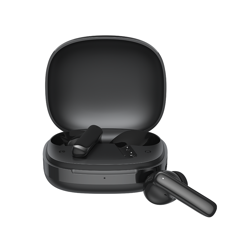 QCY T13 Pro słuchawki Bluetooth w czarnym kolorze, z etui ładującym i jedną wyjętą słuchawką.
