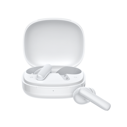 QCY T13 Pro bezprzewodowe słuchawki douszne w białym etui ładującym, jedna słuchawka wyjęta, nowoczesny design, słuchawki Bluetooth z jakością dźwięku