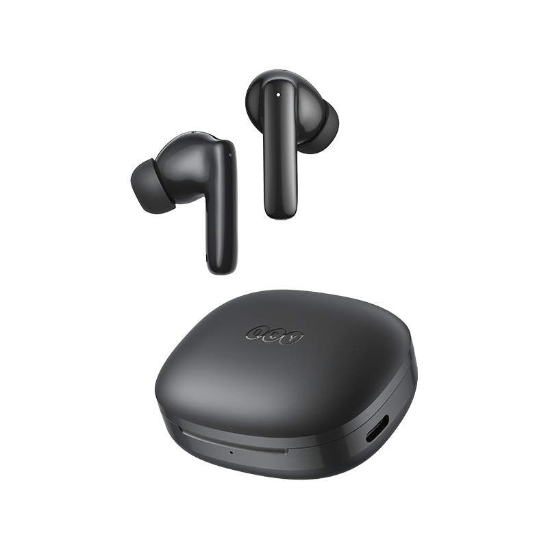 QCY T13 Pro prawdziwie bezprzewodowe słuchawki douszne z etui ładującym, czarne, nowoczesny design i połączenie Bluetooth.