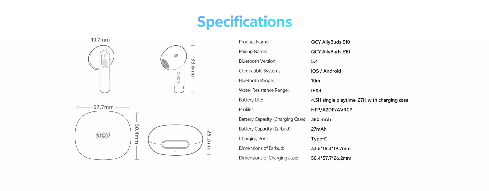 Słuchawki Bluetooth QCY AilyBuds E10 z etui ładującym, wodoodporne IPX4, Bluetooth 5.4, bateria 4,5h, kompatybilne z iOS i Android
