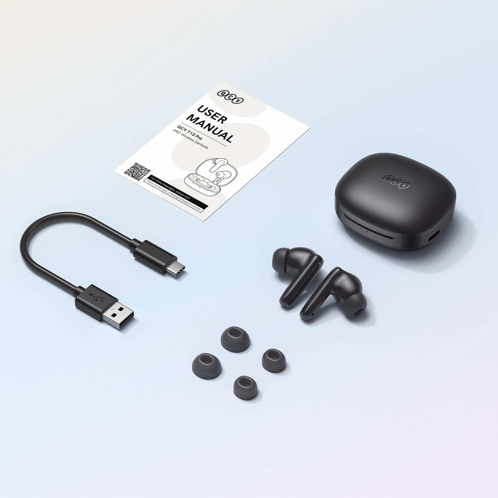 Słuchawki Bluetooth QCY T13 Pro z etui ładującym, kablem USB-C i zapasowymi silikonowymi końcówkami – kompletny zestaw dla optymalnego doświadczenia słuchowego