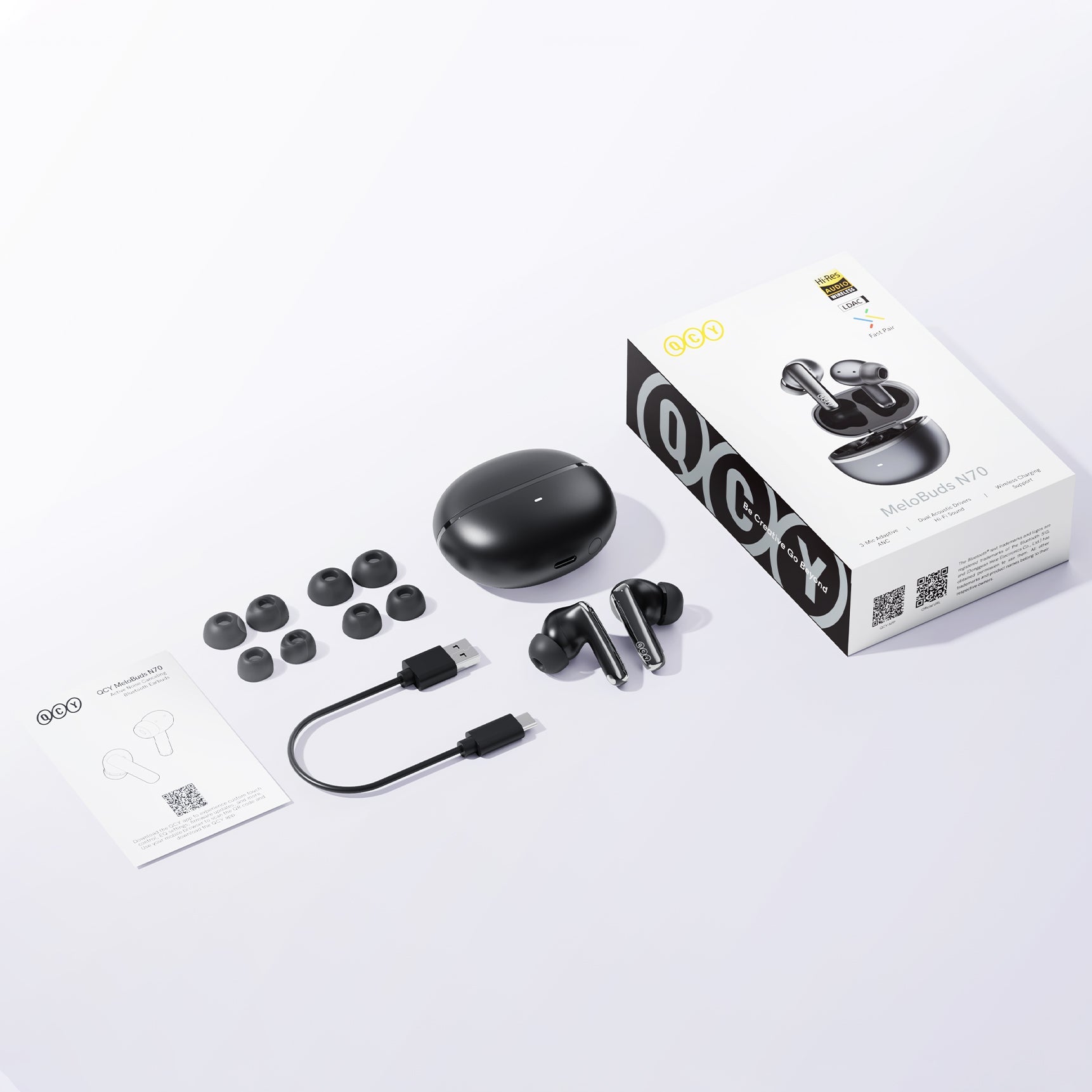 QCY MeloBuds N70 prawdziwie bezprzewodowe słuchawki douszne z etui ładującym, zapasowymi końcówkami dousznymi i kablem USB-C.