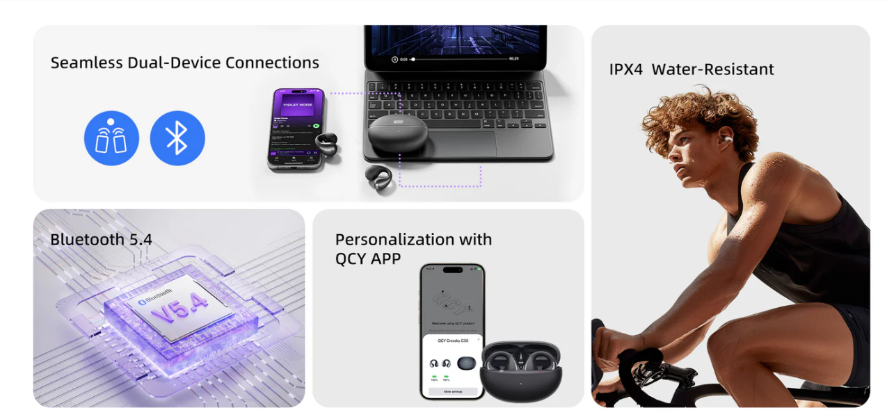 Słuchawki Bluetooth QCY: podwójne połączenie, wodoodporność IPX4, Bluetooth 5.4 i sterowanie przez aplikację do sportu i codziennego użytku.