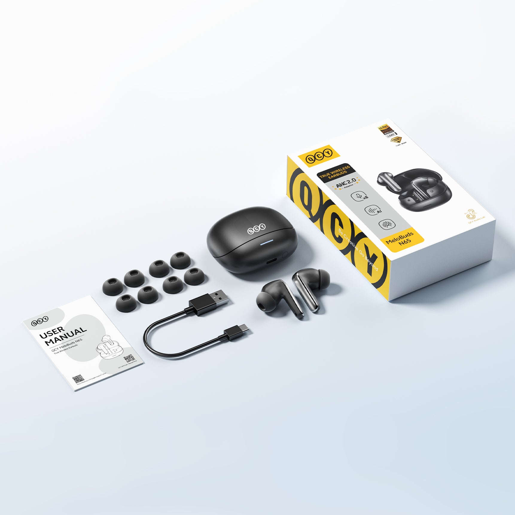 QCY MeloBuds N65 prawdziwie bezprzewodowe słuchawki z ANC, kablem ładującym USB-C i zapasowymi końcówkami do uszu.
